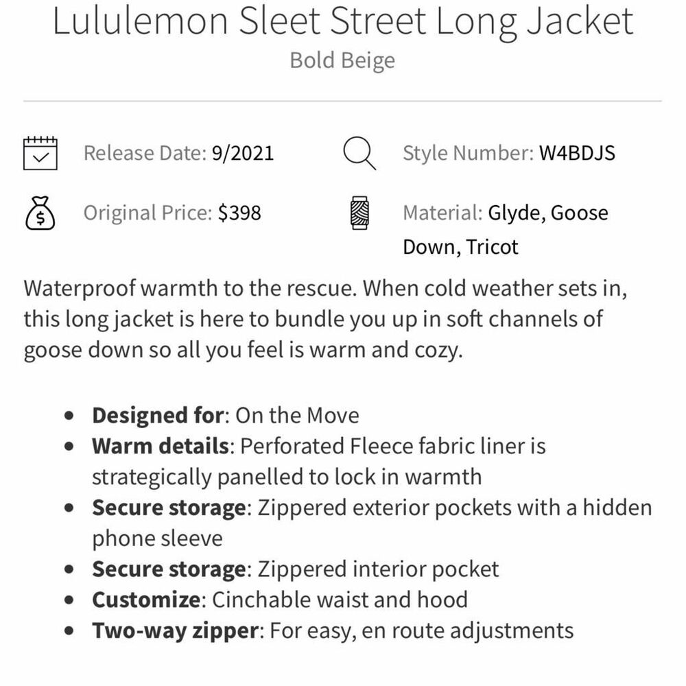 Lululemon Sleet Street Long Jacket in Bold Beige Size 8 - Picture 10 of 10